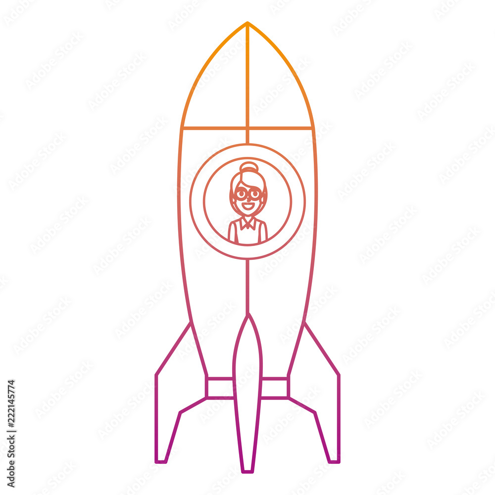 Sticker young woman in rocket startup