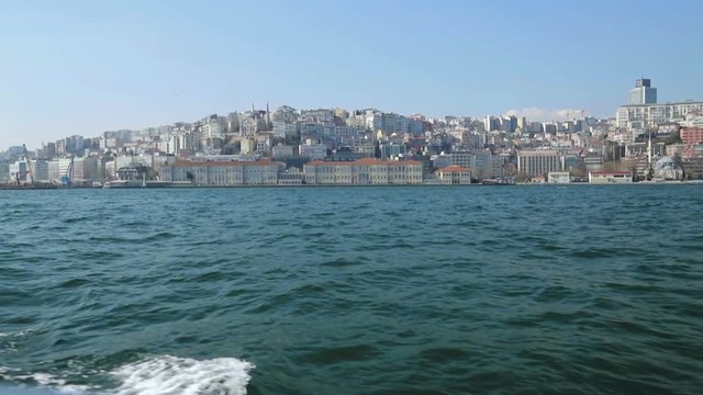 Old and new Istanbul view, view from sailing boat, awesome overbuilt coastline