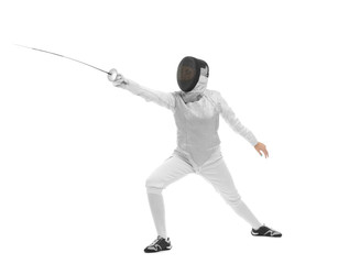 Fototapeta na wymiar Young female fencer on white background