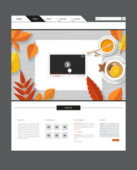 Autumn one page website template with top view of flat design workplace and orange colored autumn leaves.