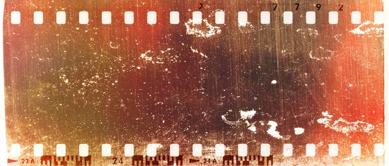 Grunge scratched red film strip frame. Design element.