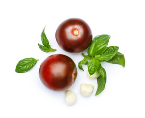 Delicious tomatoes, mozzarella cheese and fresh basil on white background