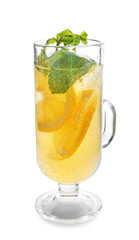 Glass cup of fresh lemonade on white background