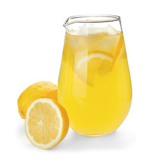 Jug of fresh lemonade on white background