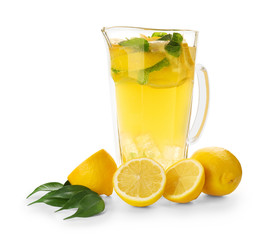 Jug of fresh lemonade on white background