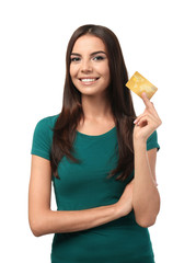 Young woman with credit card on white background. Online shopping