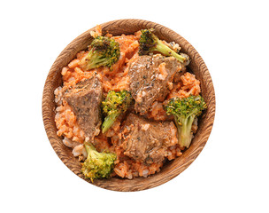 Bowl with boiled rice, meat and broccoli on white background