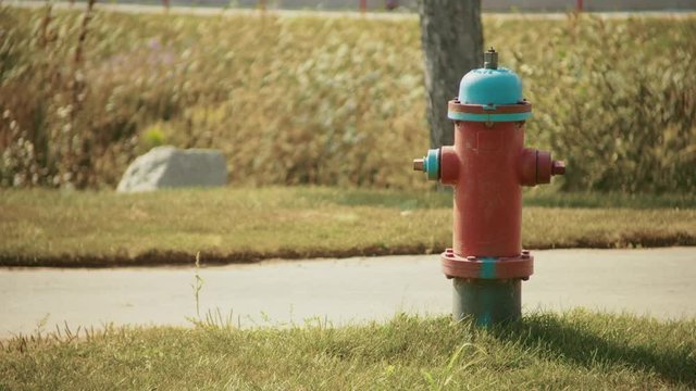 Fire hydrant on a windy day on a dried out yellow lawn