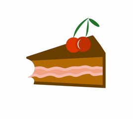 Piece of cake with pink cream and cherry 2D illustration isolated on white background.