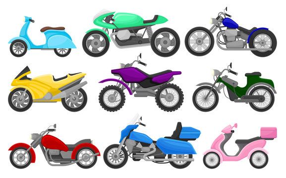 Flat vector set of colorful motorcycles and scooters. Vintage and fast sport bikes. Two-wheeled motor vehicles