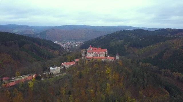 Castle Pernstejn in Czech Republic - aerial view - travel and architecture video