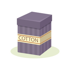 Cardboard purple box with cotton. Small container with lid and label. Vintage design. Drug store goods. Flat vector icon