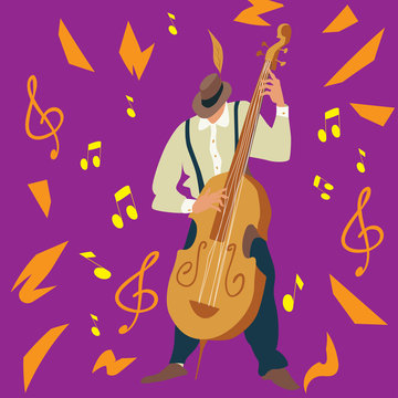 Bright greeting card. Poster with musician. Contrabass player. Man plays a Contrabass. Vector illustration.