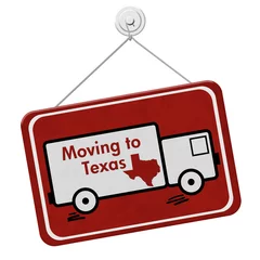 Stoff pro Meter Moving to Texas red hanging sign © Karen Roach