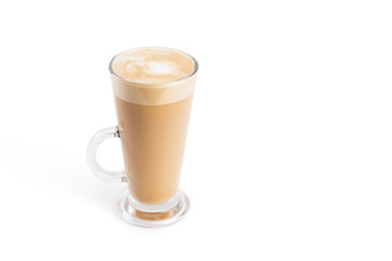 Latte in a transparent high cup on white isolated background with natural shadow.The contour of object saved in the image.