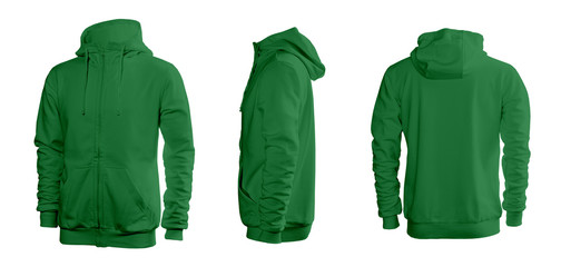 Green men's sweatshirt with long sleeves and hood in rear and side views