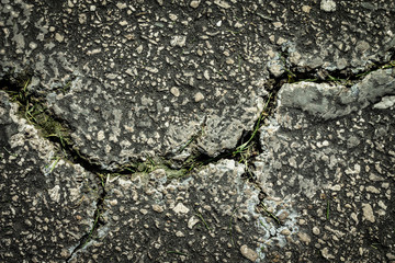 Flaws and defects give to weakness shown by cracked pavement.  Imperfections and rough asphalt.