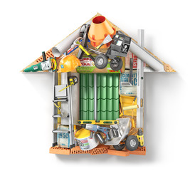 Construction concept. Building materials laid out form of house isolated on a white. 3d illustration