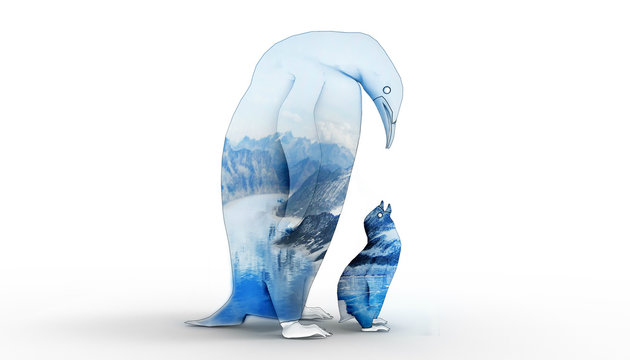 Mother Penguins bird and baby birds on the background image of beautiful glacier / illustrations