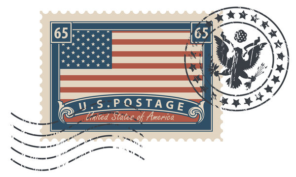 Postage stamp with inscriptions and image of the American flag. Vector illustration of USA stamp with a scratched print.