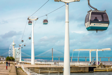 Lisbon, Portugal, Parque das Na&ccedil;&otilde;e, cableway near oceanarium and Vasco De Gama tower