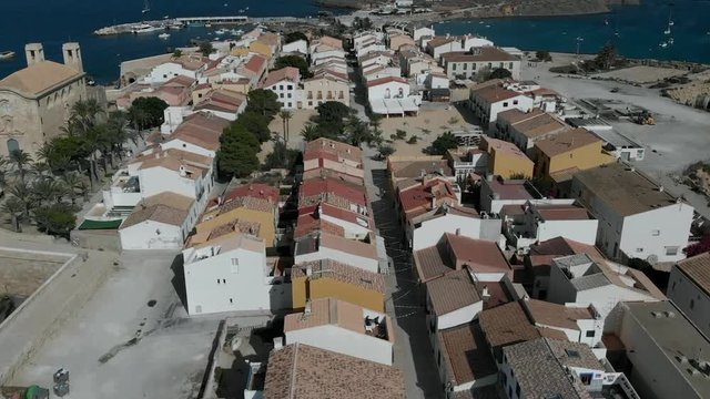 Aerial view of townscape, church and harbour of Tabarca Island. Spain.