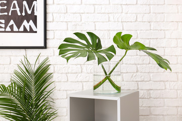 Tropical leaves in vase near brick wall in room