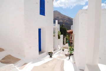 The whitewashed buildings of Megalo Chorio on the Greek island of Tilos. The village is the Capital of the island which has a population of around 780 people.