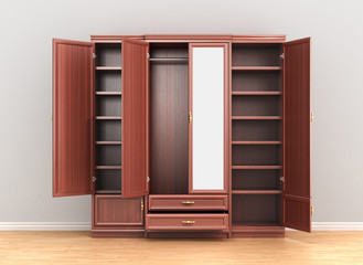 Cabinet. Open the closet with the clothes on the background of the grey wall. 3d illustration.