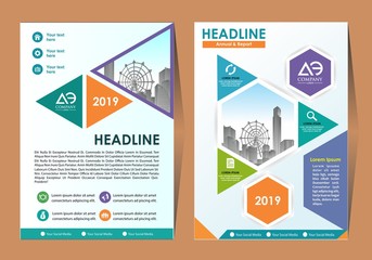 Business Brochure Background Design Template, Flyer Layout, Poster, Magazine, Annual Report, Book, Booklet with Orange and Blue Circle and Building Image. Size A4 Vector Design illustration