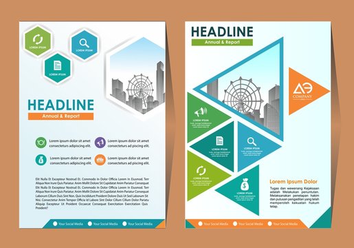Business Brochure Background Design Template, Flyer Layout, Poster, Magazine, Annual Report, Book, Booklet with Orange and Blue Circle and Building Image. Size A4 Vector Design illustration