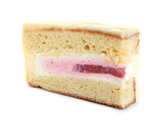Piece of delicious cake on white background