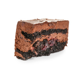 Piece of delicious chocolate cake on white background