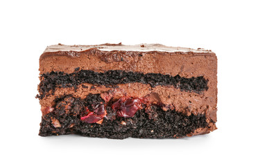 Piece of delicious chocolate cake on white background