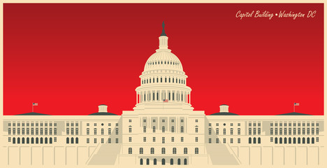 Vector banner with US National Capitol building in Washington, DC. American landmark. The Western facade of the Capitol