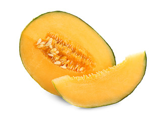 Cut ripe sweet melon on white background