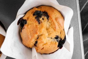 Tasty blueberry muffin in baking tin, closeup