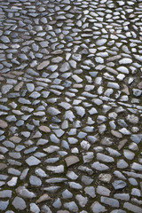 Dark grey shiny cobble stones on a footpath 