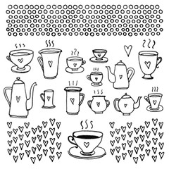 Set of black and white cups, pots, hearts and dots isolated on white background for cards.