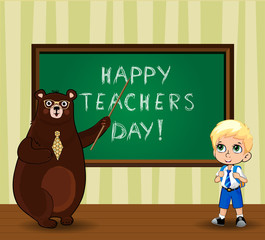 Happy teachers day greeting card with cartoon bear teacher and student boy in classroom.