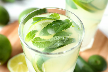 Glass of fresh lime lemonade, closeup