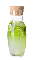 Jug of fresh lime lemonade on white background