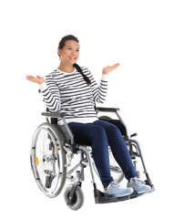 Happy Asian woman in wheelchair on white background