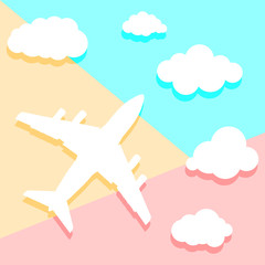 Flat lay art design graphic image of paper airplane with clouds  on pink and blue background