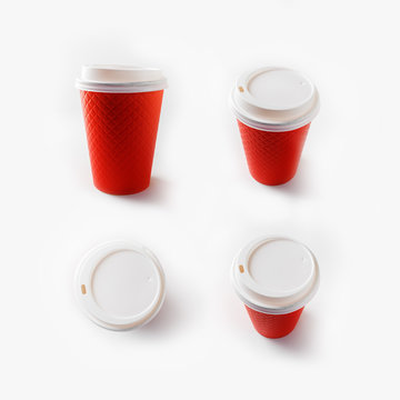 Disposable red paper coffee cups. Package for drinks.