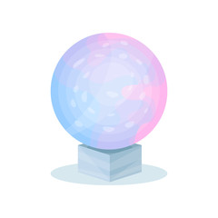 Magical crystal ball with blue-pink gradient. Glass sphere on gray stand. Ritual item. Flat vector design
