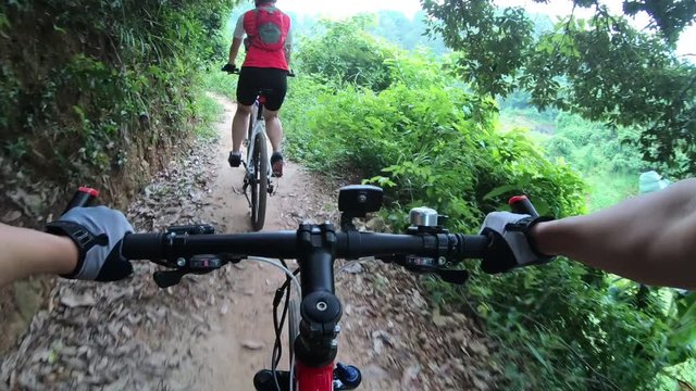 Cross country mountain biking in a forest. POV point of View 4k