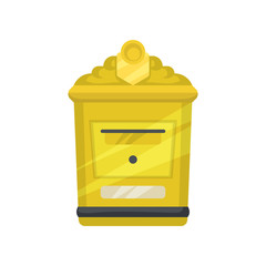 Yellow metal mailbox for letters and newspapers. Small wall mounted postal box. Flat vector element for web site or mobile app