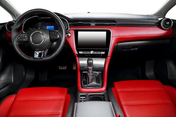 Big red car interior control close-up