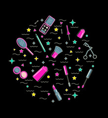 Make up illustration. Flat line style. Different make up and cosmetic elements in circle.